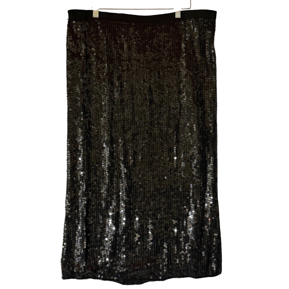 Neiman Marcus Womens Small Black Silk Sequin Midi Skirt Cocktail Party Glam